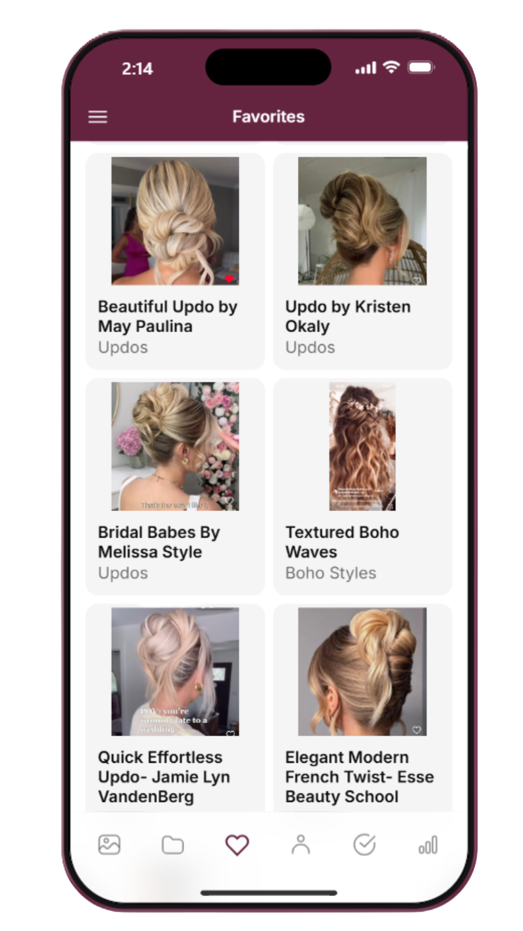 Mobile app screen showing a playlist of hair styling videos in the 'Favorites' section, featuring various updos and hair styling tutorials.