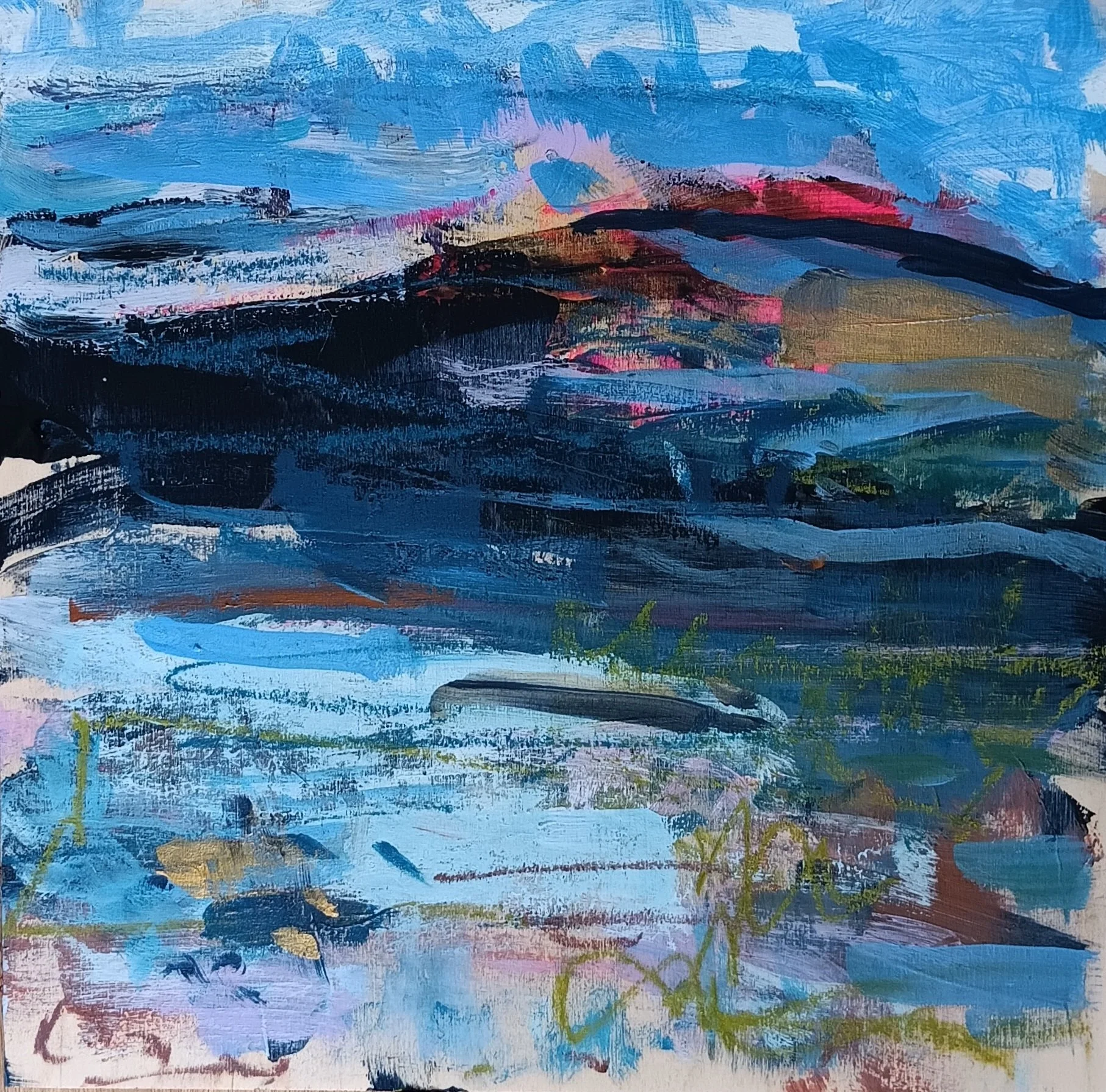 Abstract landscape painting with blue sky, pink and red highlights, dark hills, and green grass.