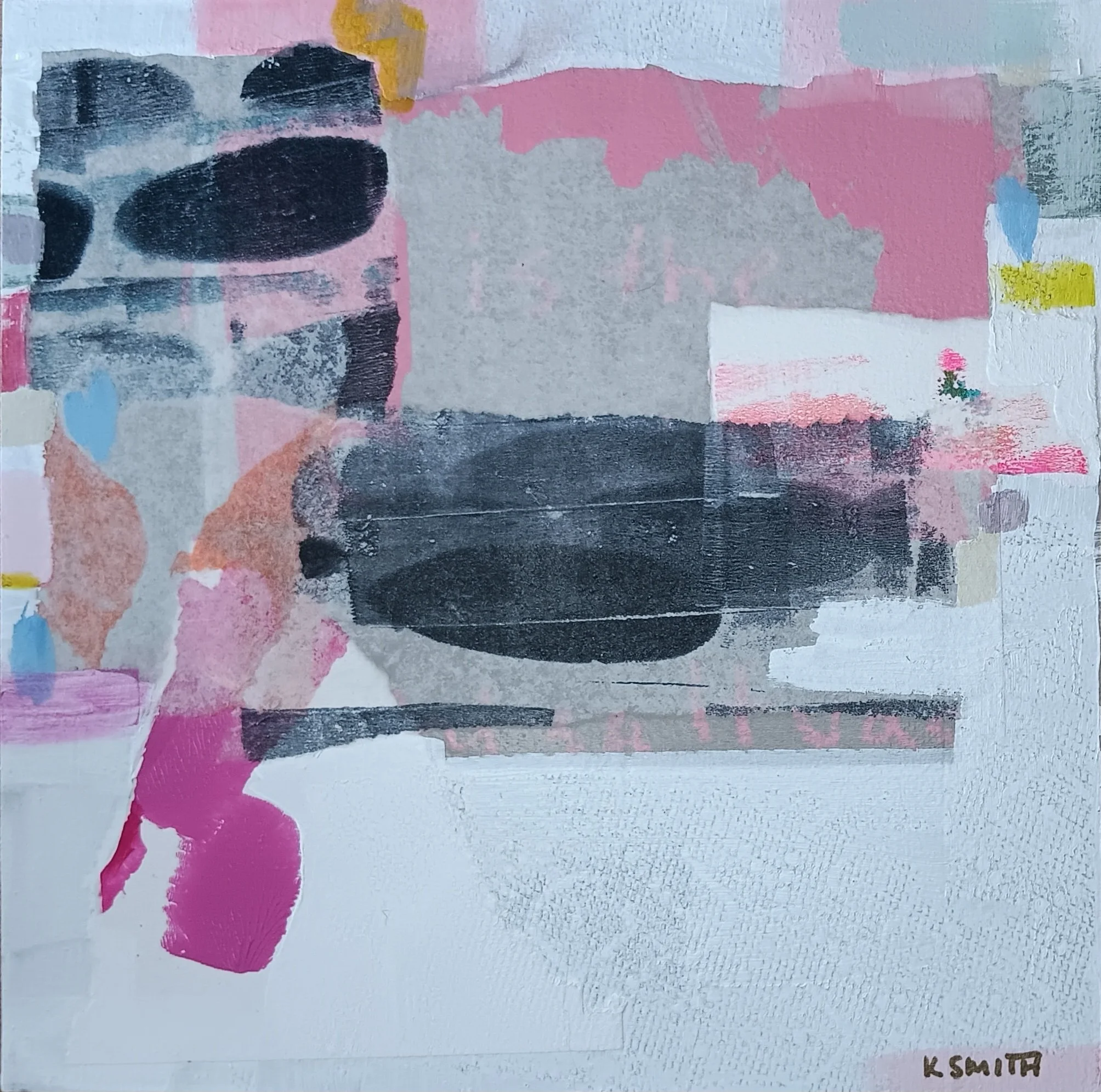 Abstract artwork with pink, black, gray, and yellow paint strokes on textured paper.