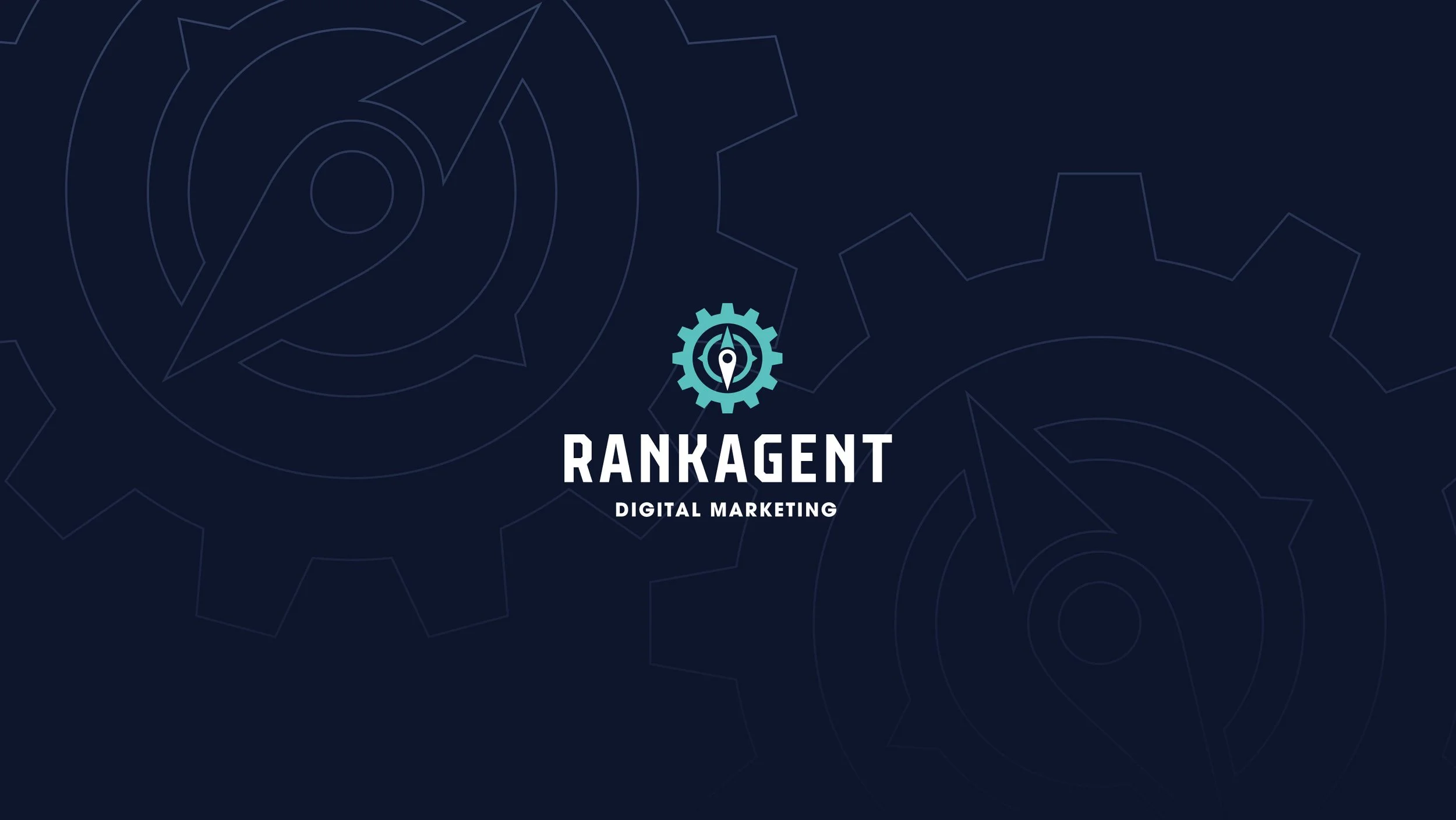Rankagent digital marketing logo with gear and compass symbol on a dark background with faint gear outlines.
