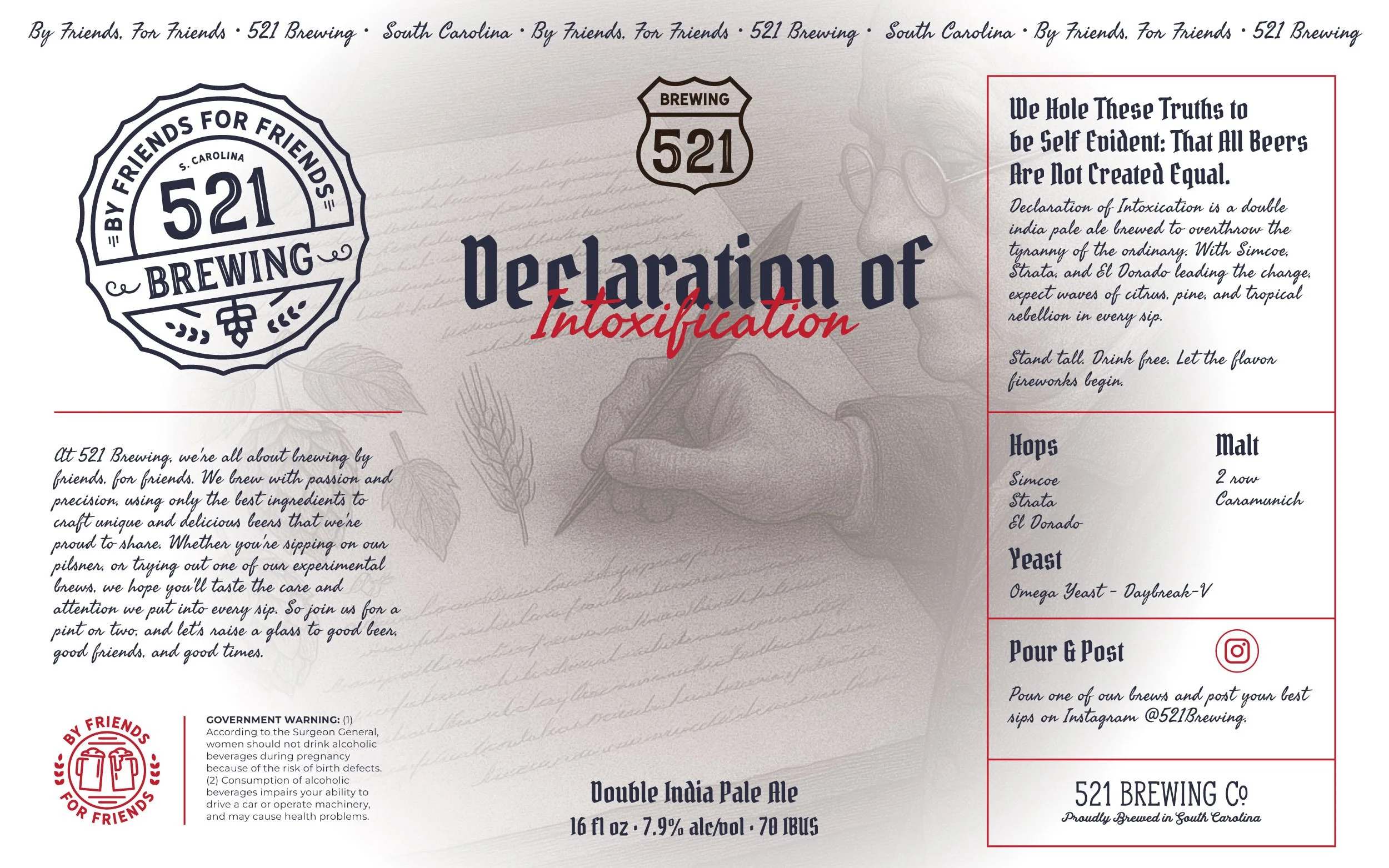 Design of a beer label for 521 Brewing, South Carolina, featuring a handwritten background, brewing information, ingredients, and a social media prompt to share beer reviews on Instagram.