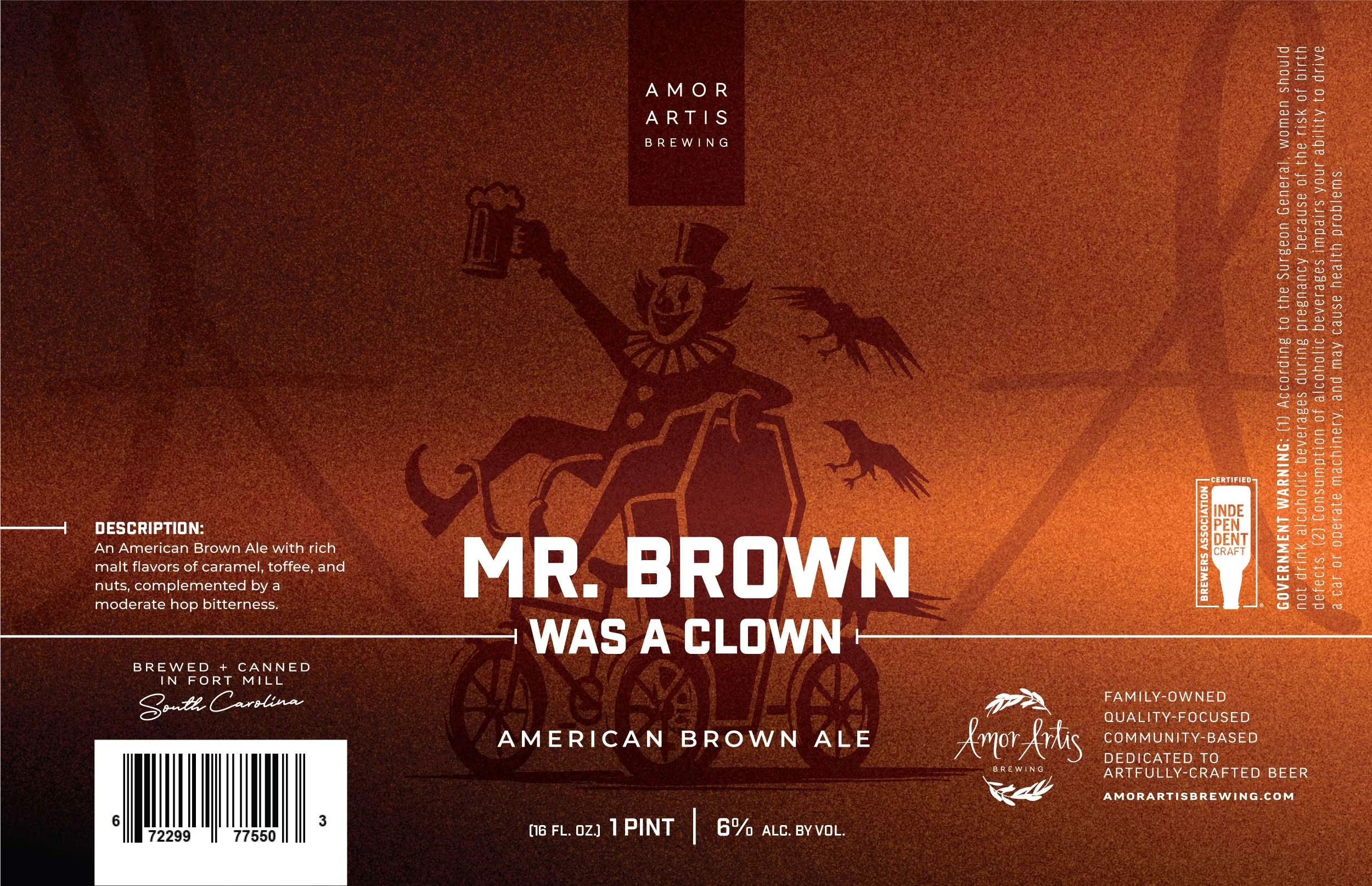 Packaging label for Mr. Brown American Brown Ale beer with a brown background, featuring a clown riding a tricycle holding a beer mug, and text describing the beer's flavor profile, origin, and brewing details.
