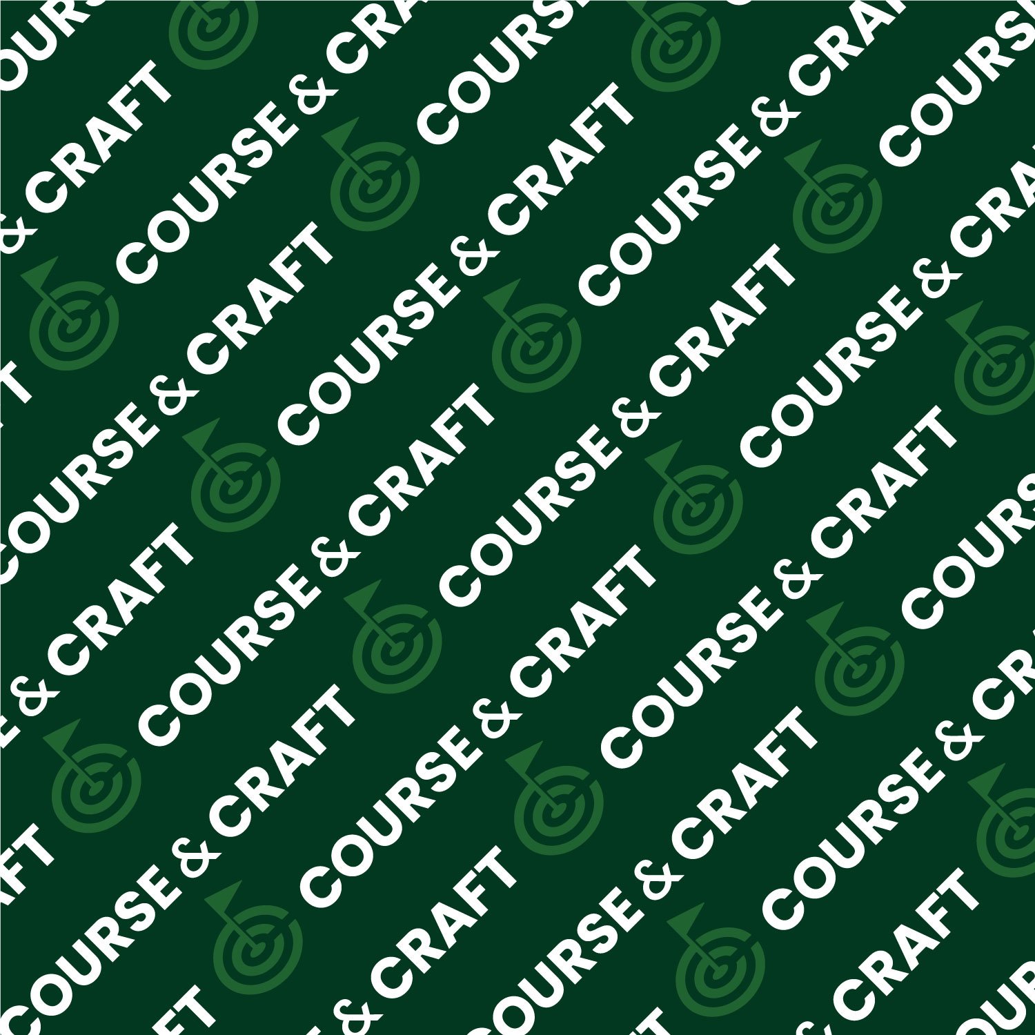Pattern with repeated text 'Course & Craft' in white on a dark green background, with green target icons.