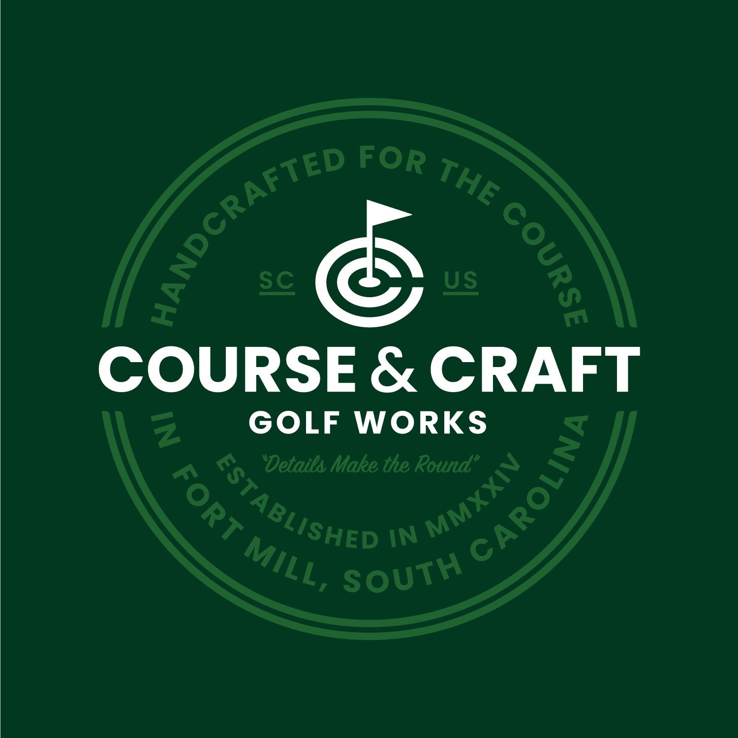 Green circular logo for Course & Craft Golf Works, featuring a golf hole with flag and concentric circles, with text indicating it is established in South Carolina and emphasizing handcrafted course work.