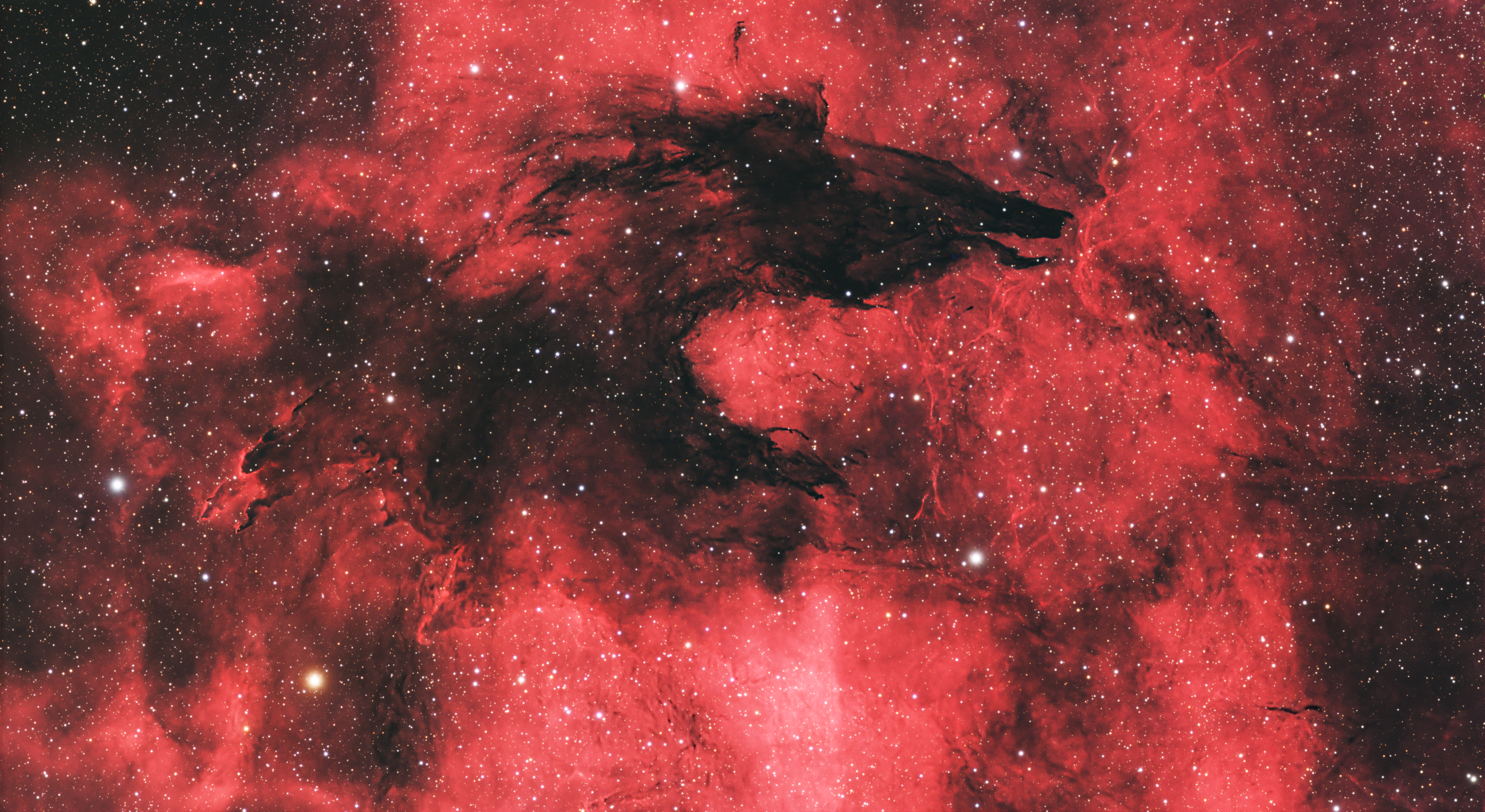 A detailed image of a red and black nebula in space with numerous stars.