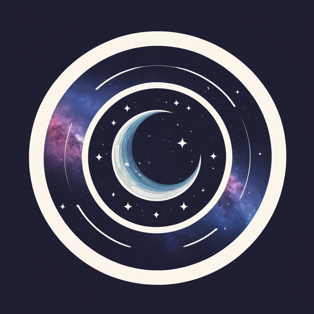 Artwork featuring a crescent moon surrounded by stars and cosmic patterns with concentric circles.