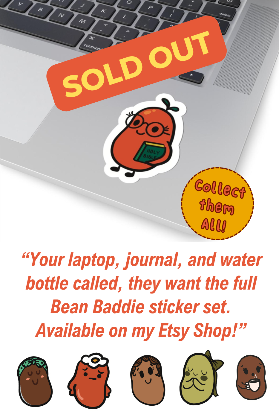 a picture of a sticker on a grey laptop, the sticker has the image of a cartoon bean character holding a bible