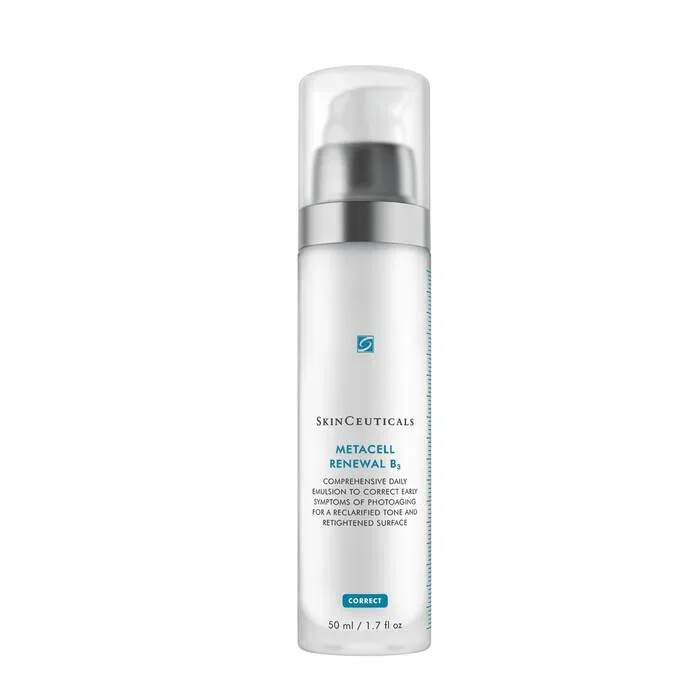 A white skincare product bottle with a pump, labeled 'SkinCeuticals Metacell Renewal B3'.