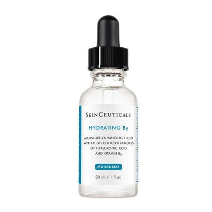 A clear glass bottle with a black dropper cap, labeled 'SkinCeuticals Hydrating B5', containing a moisture-enhancing fluid with hyaluronic acid and vitamin B5, 30 ml.