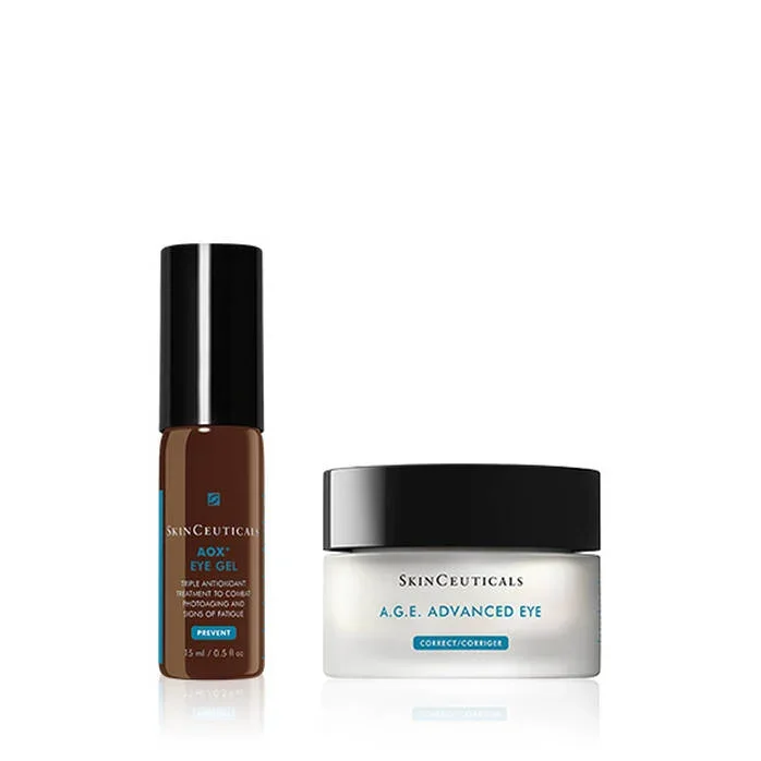 A bottle of SkinCeuticals AOX+ Eye Gel and a jar of SkinCeuticals A.G.E. Advanced Eye Cream against a white background.
