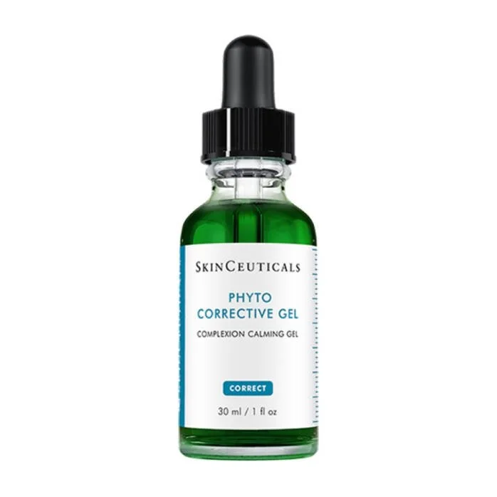 A small green glass bottle with a black dropper cap, labeled SkinCeuticals Phyto Corrective Gel, a calming skincare product, 30 ml or 1 fl oz.