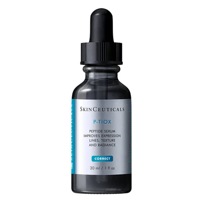 A small dark glass bottle with a dropper cap containing skincare serum, labeled SkinCeuticals P-Tox Peptide Serum.