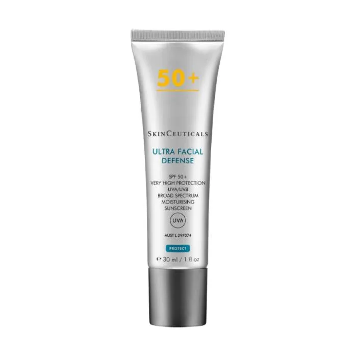 Tube of SkinCeuticals Ultra Facial Defense SPF 50+ broad spectrum moisturizing sunscreen.