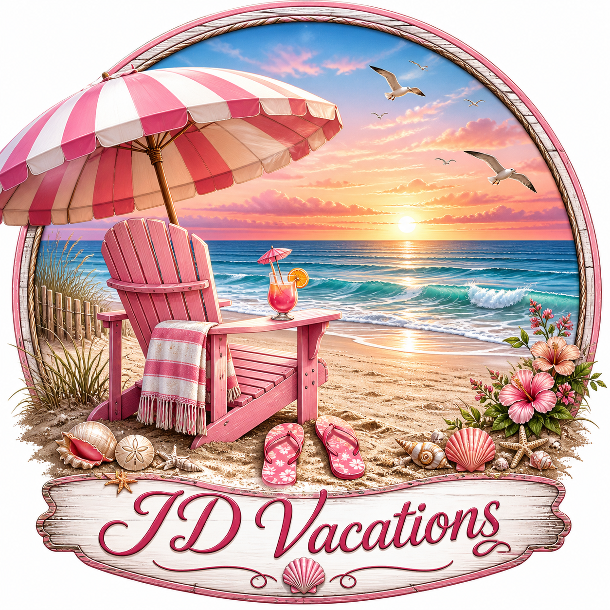 Highly detailed AI-generated logo for "JD Vacations" featuring a pink Adirondack beach chair, pink and white striped umbrella, ocean sunset, seashells, hibiscus flowers, seagulls, and decorative script lettering.