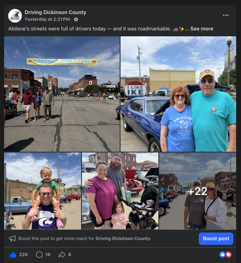 Facebook post from Driving Dickinson County featuring photos of community members at the Abilene Antique Fest. The post earned 228 likes, 16 comments, and 8 shares.