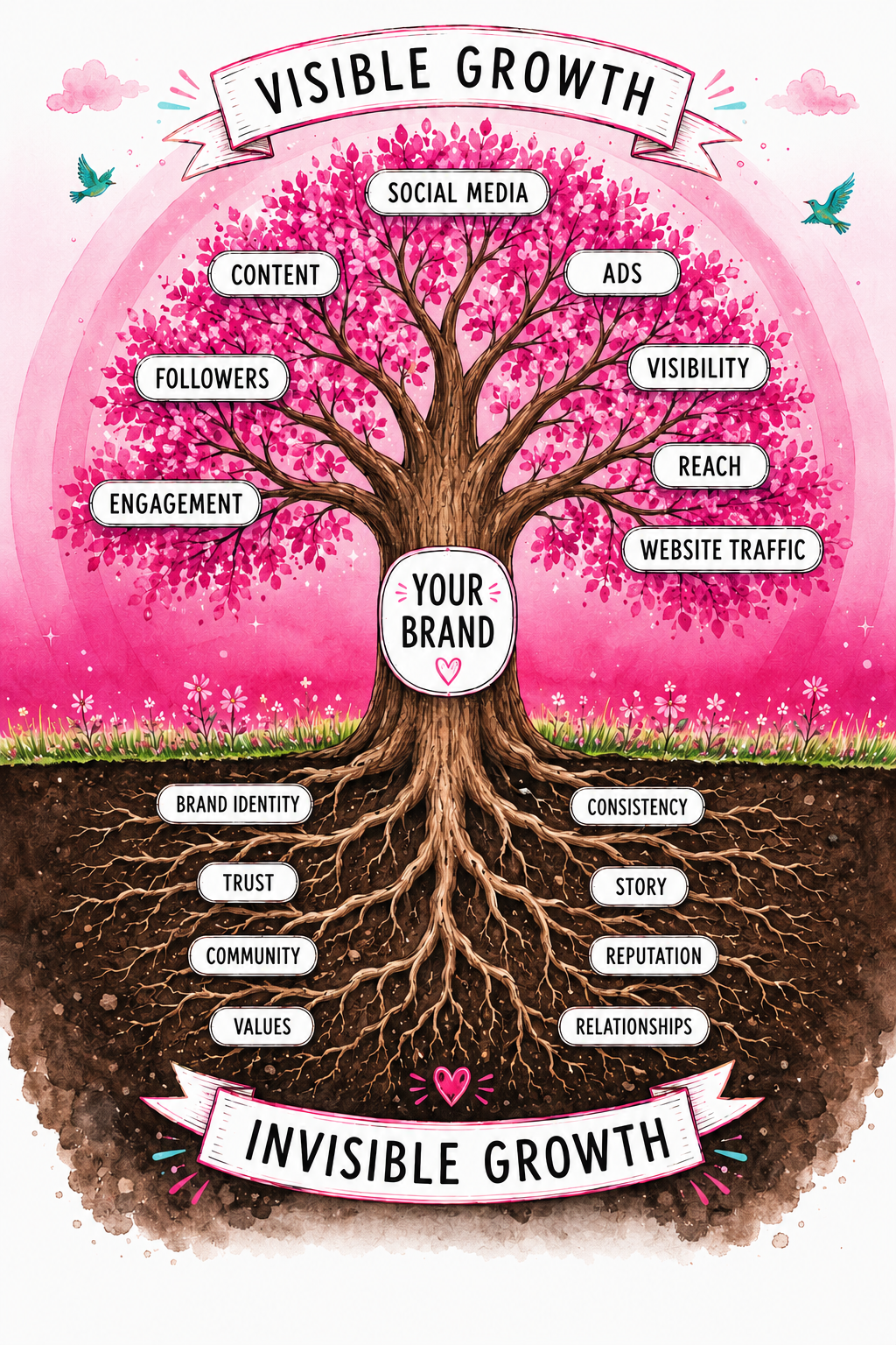 Pink tree infographic showing a brand growing in two directions — branches labeled with visible marketing elements above ground, and roots labeled with foundational brand elements below ground.