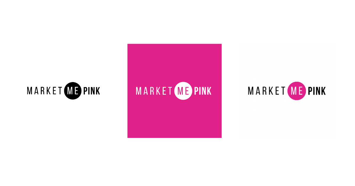 Market Me Pink horizontal logo shown in three variations — black version on white background, white reversed version on bright pink background, and full color pink and black version on white background.