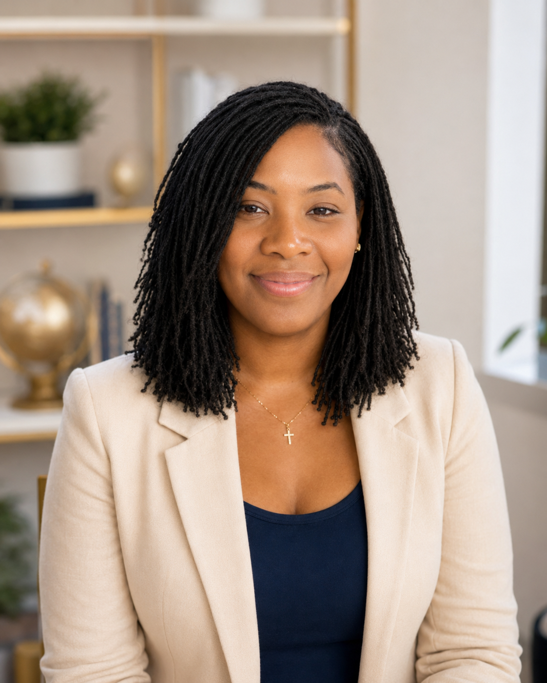 Professional portrait of Lyci Hodges wearing a beige blazer, navy top, and gold cross necklace, seated in a bright room with bookshelves, plants, and decorative accents.