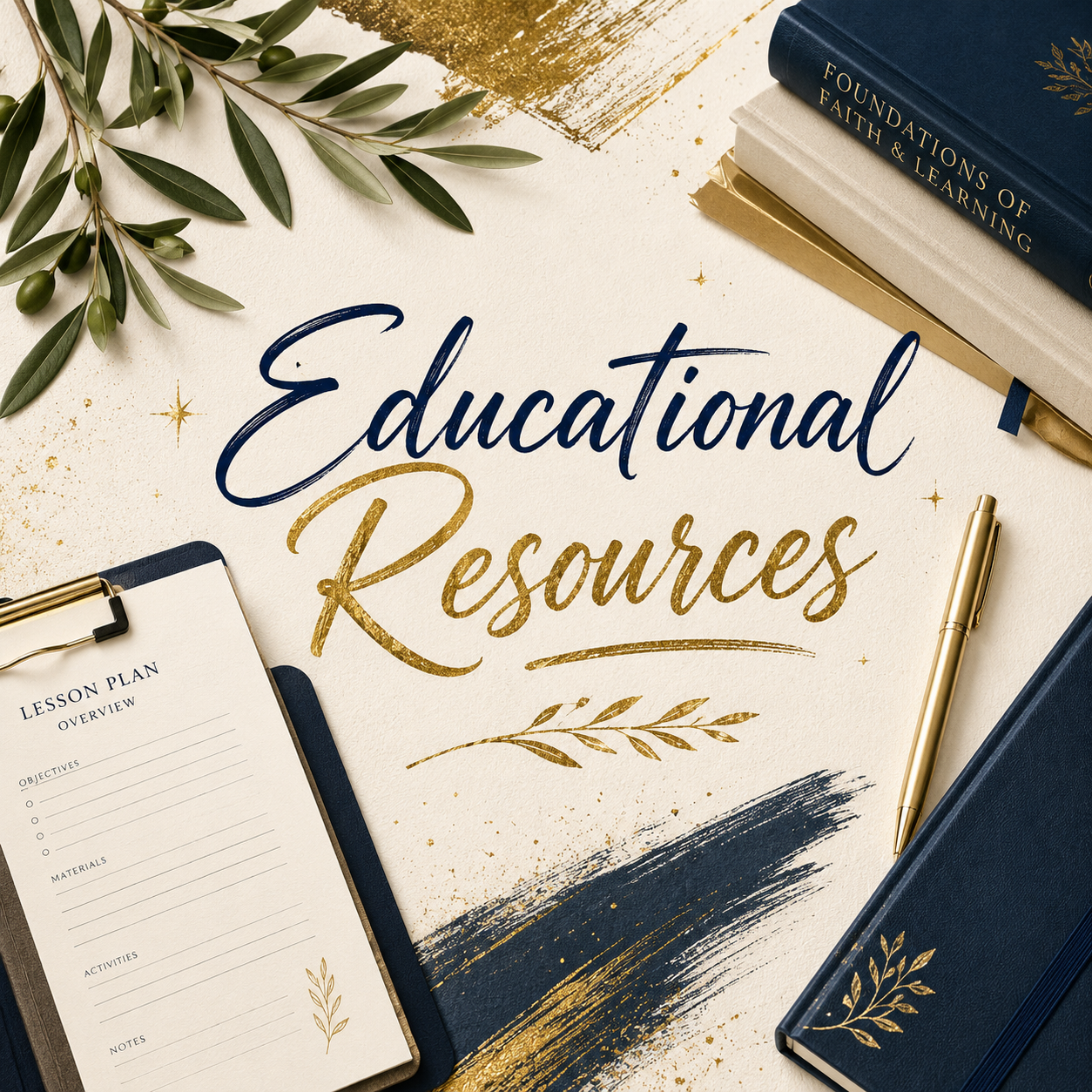 Array of educational resources including a stack of books, a notebook titled 'Lesson Plan Overview,' and a gold pen, with the text 'Educational Resources' in the center on a decorative background.