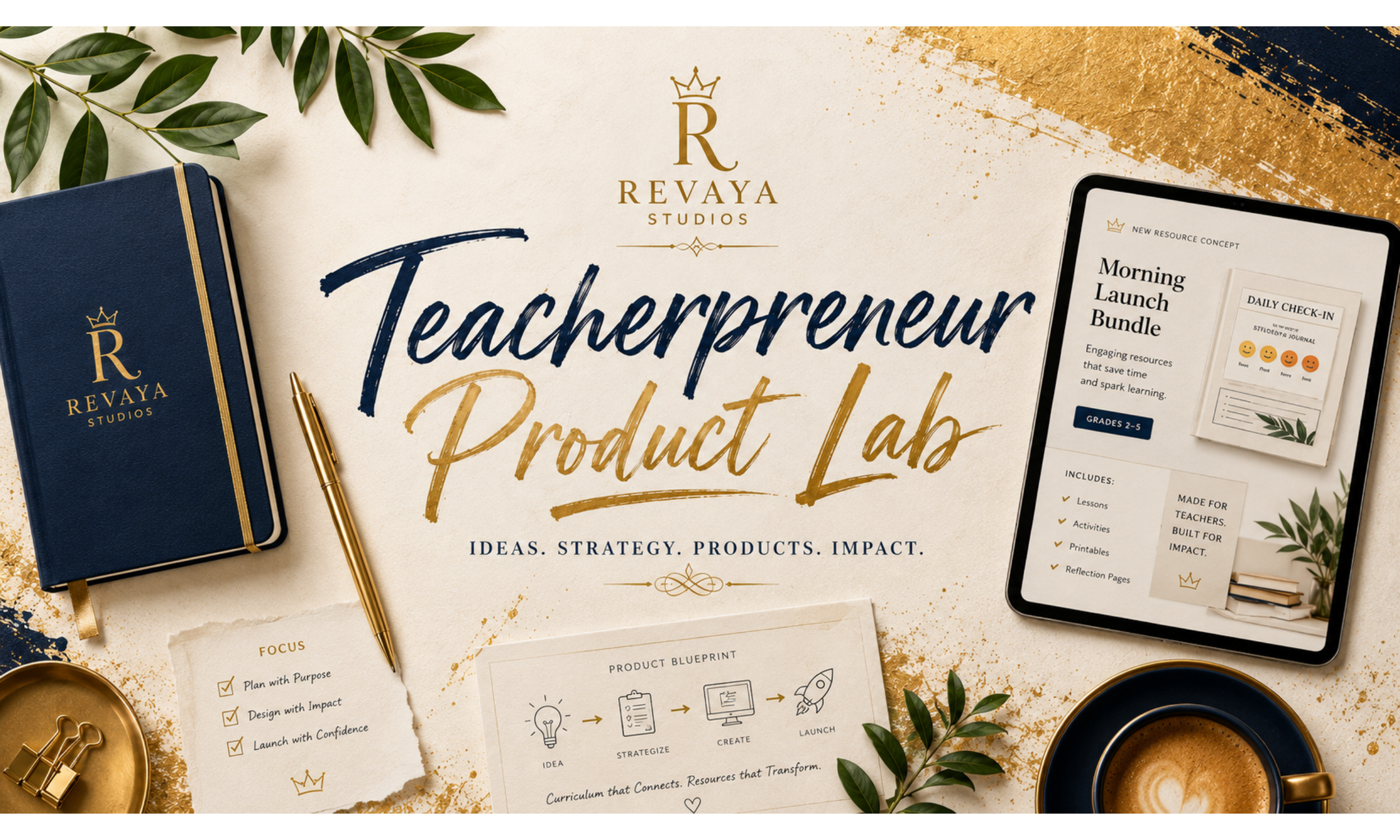 Teacherpreneur Product Lab graphic featuring a notebook, pen, printed materials, and a tablet displaying elementary teaching resources, styled with green leaves and gold accents.