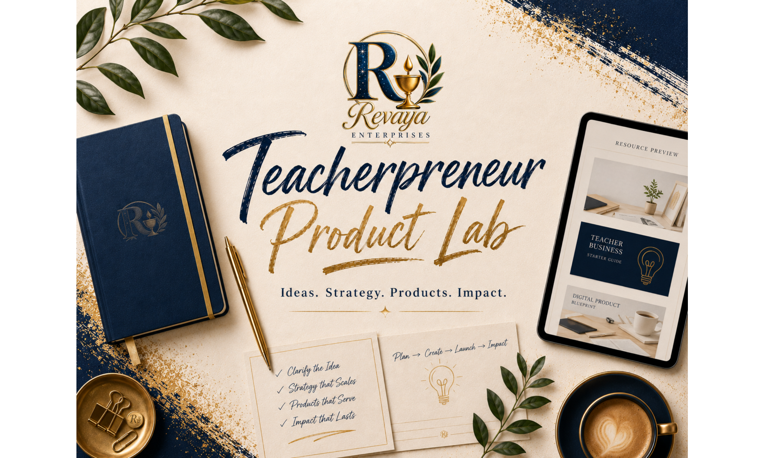 A promotional image for Revaya Enterprises showing a product lab with a blue notebook, a pen, a cup of coffee, a tablet displaying a resource preview, and some green leaves. The center features the text 'Teacherpreneur Product Lab' and the company's logo.