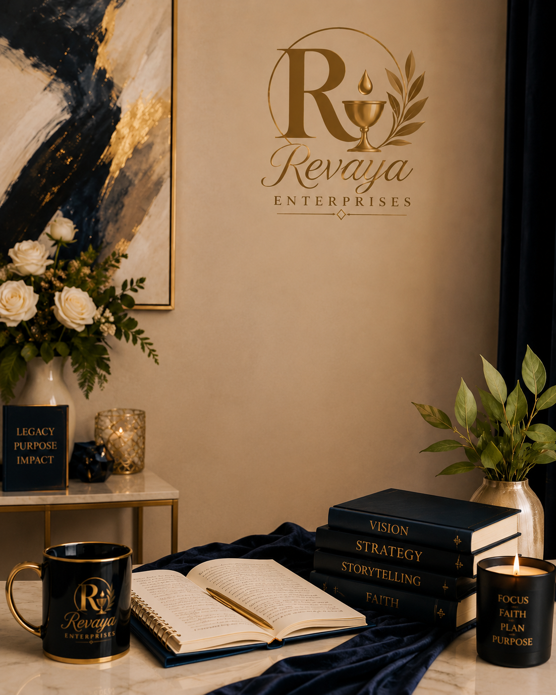 Elegant Revaya Enterprises workspace with branded decor and business materials.