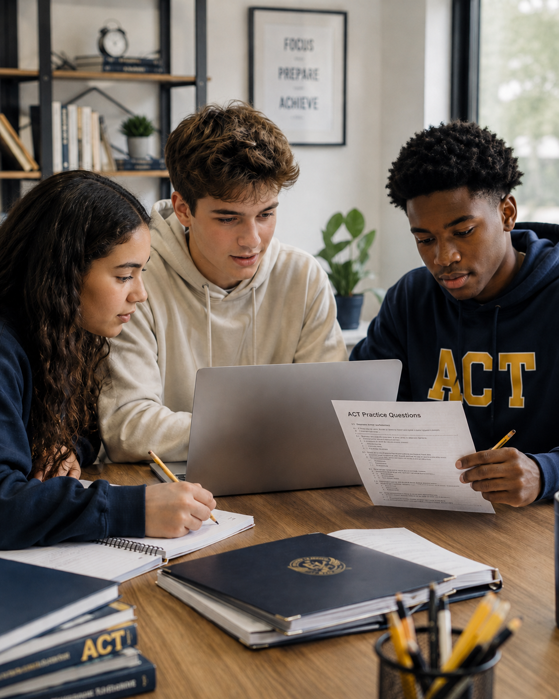 Three students studying together at a table with ACT practice questions, notebooks, and a laptop in a well-lit room.