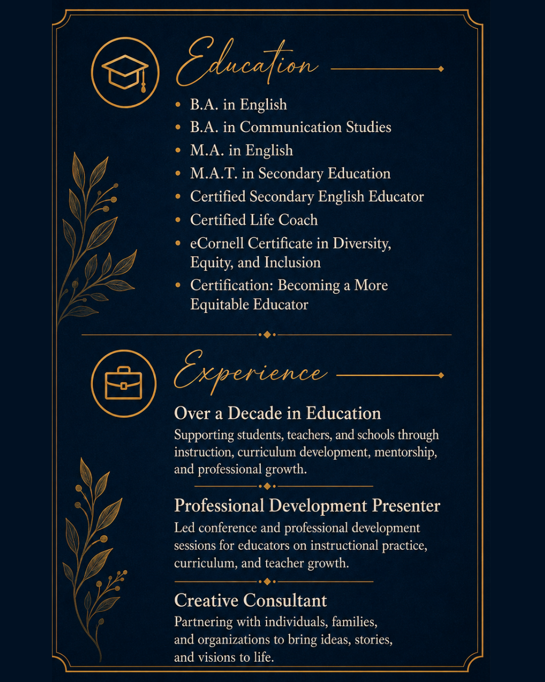 Navy and gold infographic highlighting Lyci Hodges’ education, certifications, and professional experience in English, communication, equity, teaching, professional learning, and creative consulting.