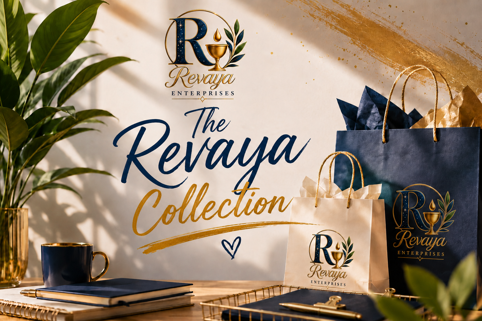 The Revaya Collection display featuring branded shopping bags, a mug, notebooks, and gold accents.