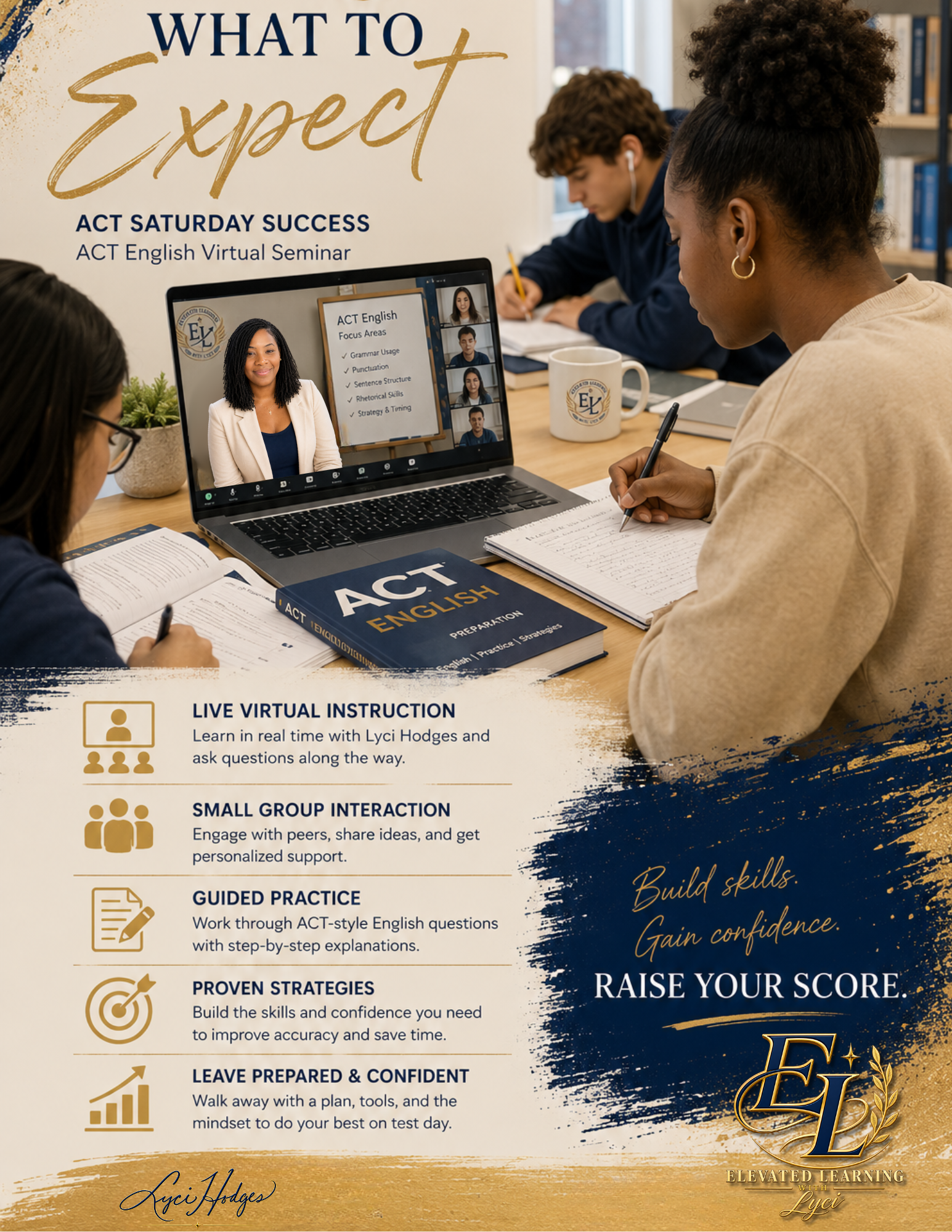 A promotional poster for an ACT English virtual seminar titled "What to Expect." The poster features a photo of students participating in a virtual class, with a speaker on the screen highlighting focus areas such as grammar, punctuation, sentence structure, rhetorical skills, and strategy. The poster also lists benefits like live virtual instruction, small group interaction, guided practice, proven strategies, and being well-prepared and confident. The bottom of the poster includes the logo for Elevated Learning with Lyci, signed by Lyci Hodges.
