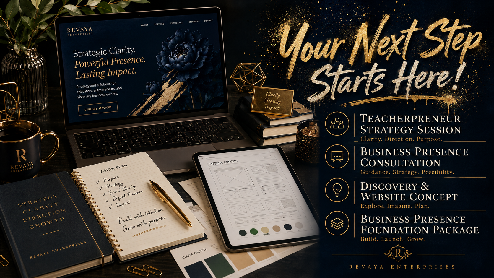 A promotional graphic for Revaya Enterprises featuring a desk setup with a laptop displaying their website, a tablet with website sketches, notebooks, a pen, a coffee mug, a glass cup, and decorative objects. The background contains text highlighting different strategy sessions offered by the company, such as teacherpreneur strategy, business presence consultation, website concept discovery, and foundation package, with a dark and gold color theme.