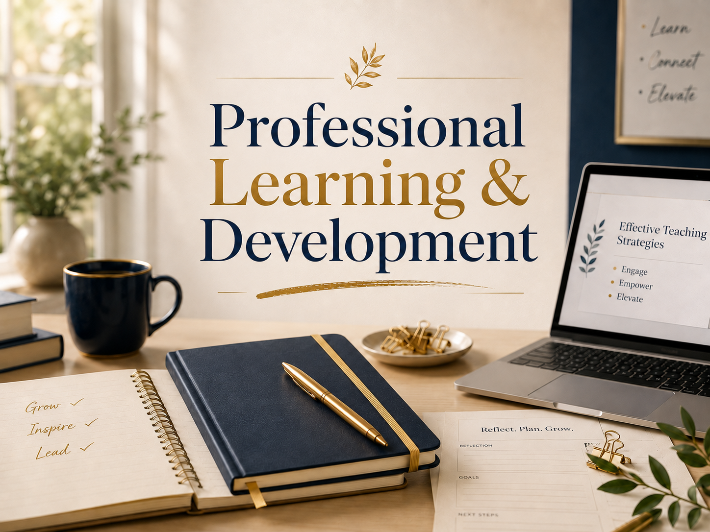 Office desk with a sign reading "Professional Learning & Development," a Laptop displaying effective teaching strategies, a closed notebook with a gold pen, an open planner with notes, a star-shaped ornament, a mug, a potted plant, and stationery including gold clips.