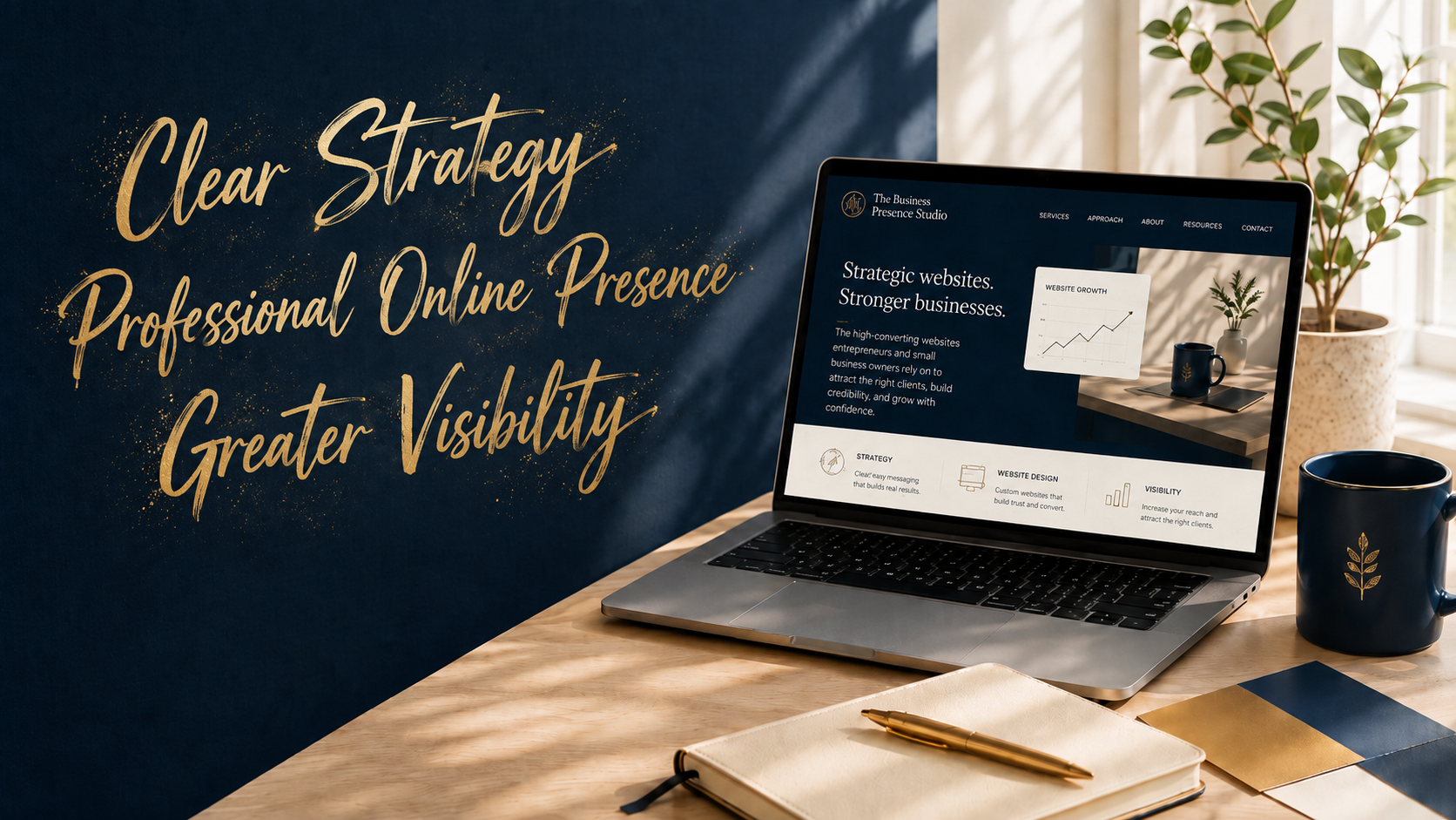 A workspace with a laptop displaying a website for a business studio, a navy mug with a gold leaf design, a notebook with a gold pen, and color swatches on a wooden desk. There is a blue wall with gold text that reads "Clear Strategy, Professional Online Presence, Greater Visibility" and a potted plant near a window.