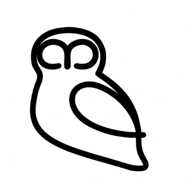 Simple black line drawing of an owl head in profile view