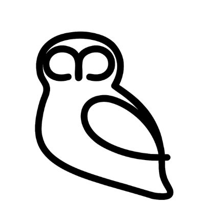 A black and white line drawing of an owl.