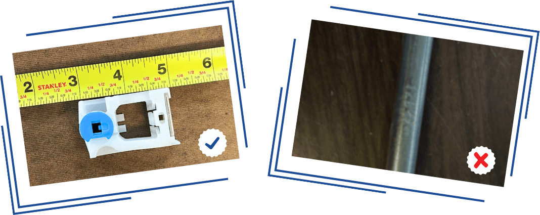 Side-by-side examples showing how to photograph a window part: one clear, well-lit image with measurements marked as correct, and one blurry, dark image marked as incorrect.