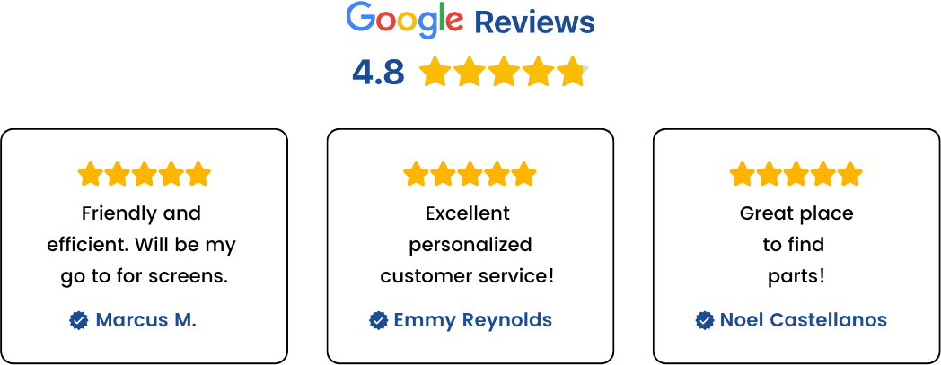 Screenshot of three 5-star Google customer reviews with a 4.8 overall rating. Reviews highlight friendly service, personalized support, and a great selection of parts, with quotes from Marcus M., Emmy Reynolds, and Noel Castellanos.