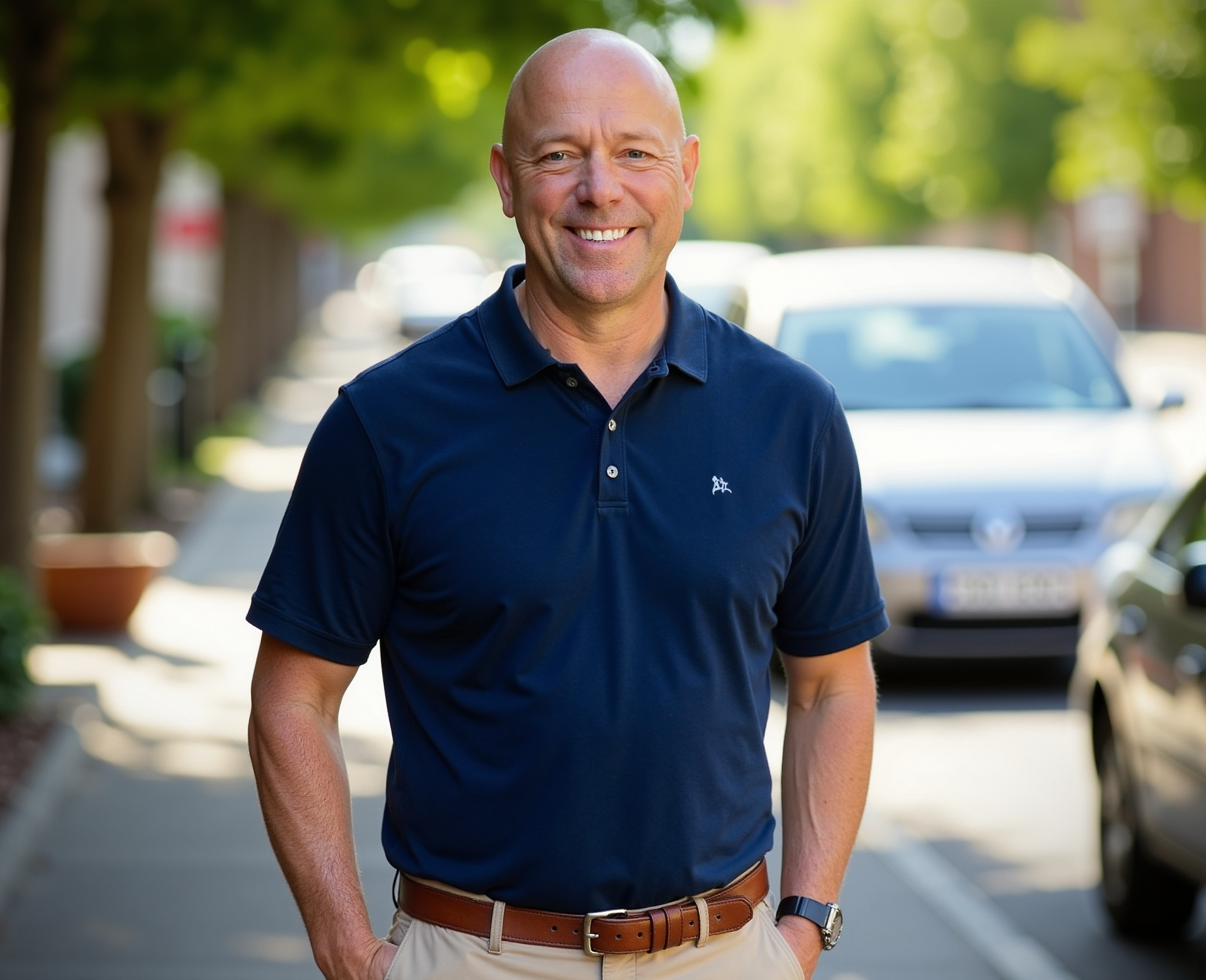A smiling man standing outdoors on a sidewalk with trees and parked cars in the background.
