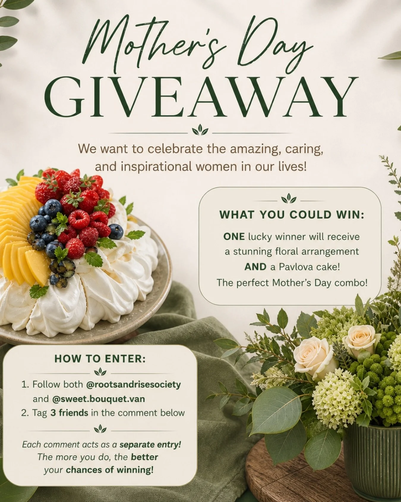 We&rsquo;re celebrating the incredible mothers, grandmothers, aunties, and nurturing women who pour love into our lives every day. 🌳

One lucky winner will receive a beautiful floral arrangement from @sweet.bouquet.van and a delicious pavlova cake &