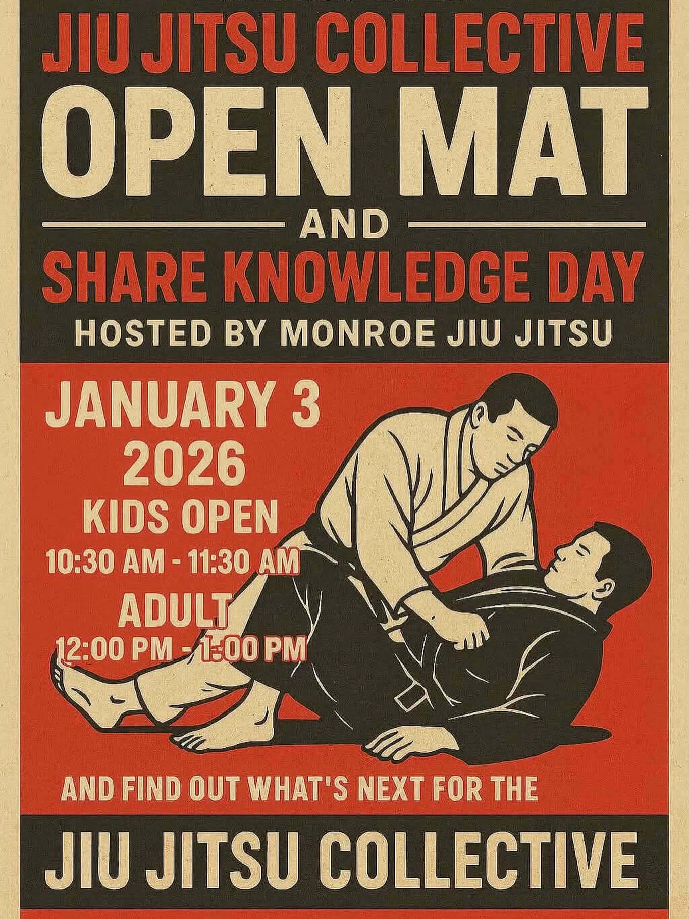Multi school free open mat Jan 3rd at @monroejiujitsu_michigan 
Come out for some good rolls and shared knowledge!