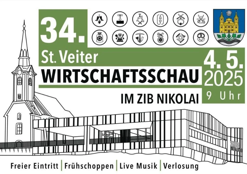 Ankündigung der 34. Wirtschaftsschau in St. Veiter am 4. Mai 2025 im ZIB Nikolai um 9 Uhr, mit Symbolen für verschiedene Aussteller und Aktivitäten sowie einem Bild der ZIB Nikolai und einer Kirche.