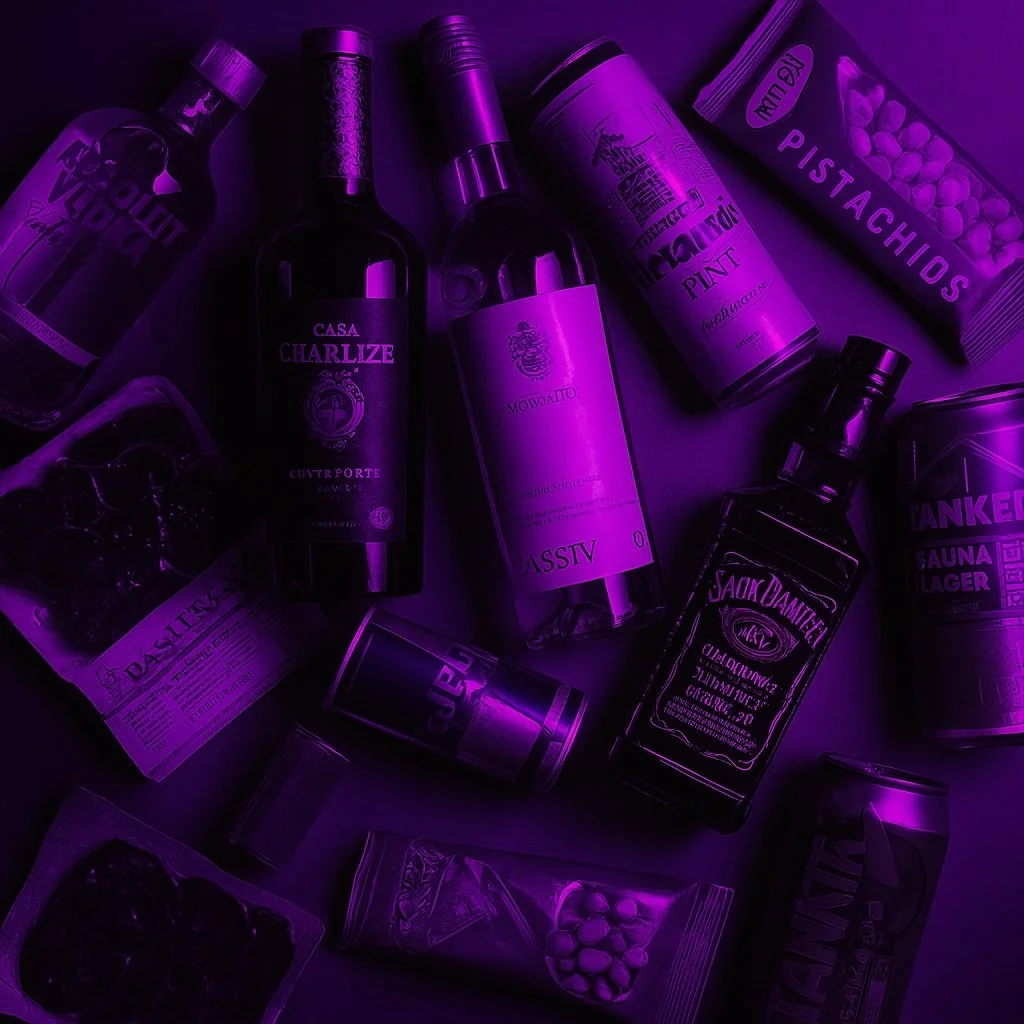Various bottles, cans, and snacks including pistachios and chocolates on a surface, all with a purple lighting tint.