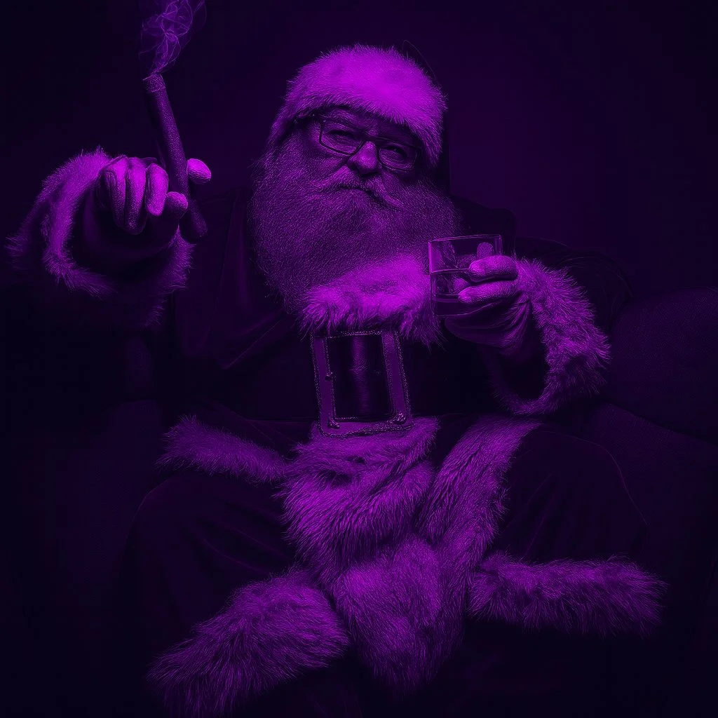 A man dressed as Santa Claus holding a glass of drink and smoking a cigar, illuminated in purple light.