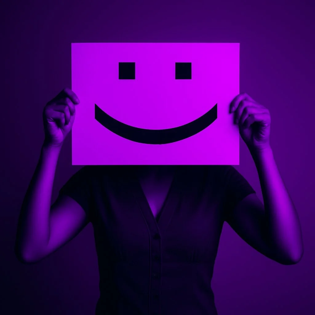 Person holding a neon purple square sign with a smiling face and square eyes in a dark environment with purple lighting.