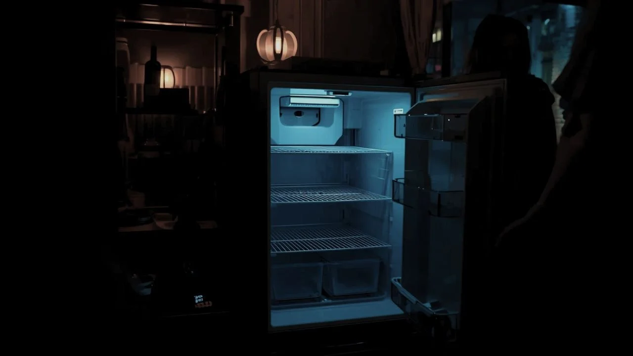 Empty fridge at night highlighting the need for fast alcohol delivery.