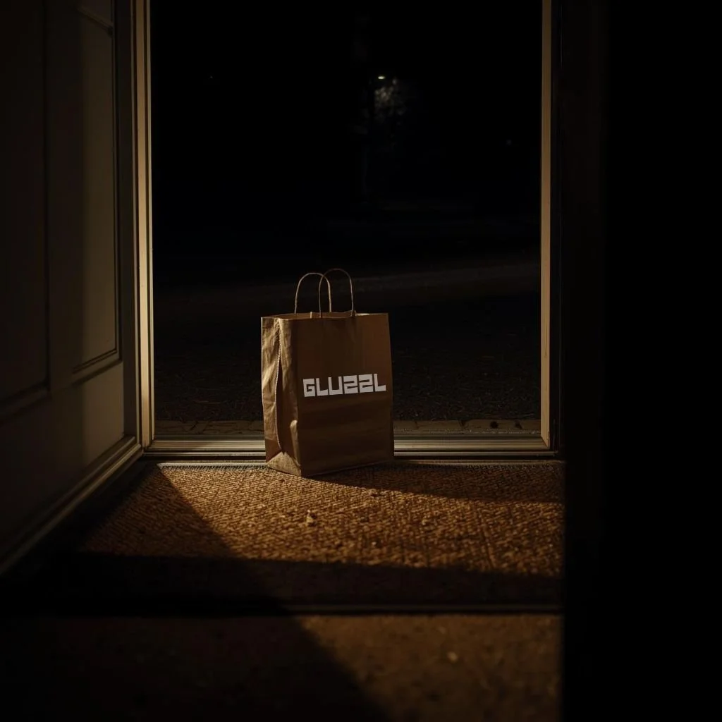 A delivery bag placed neatly at a front door under a porch light late at night, capturing a quiet delivery moment.
