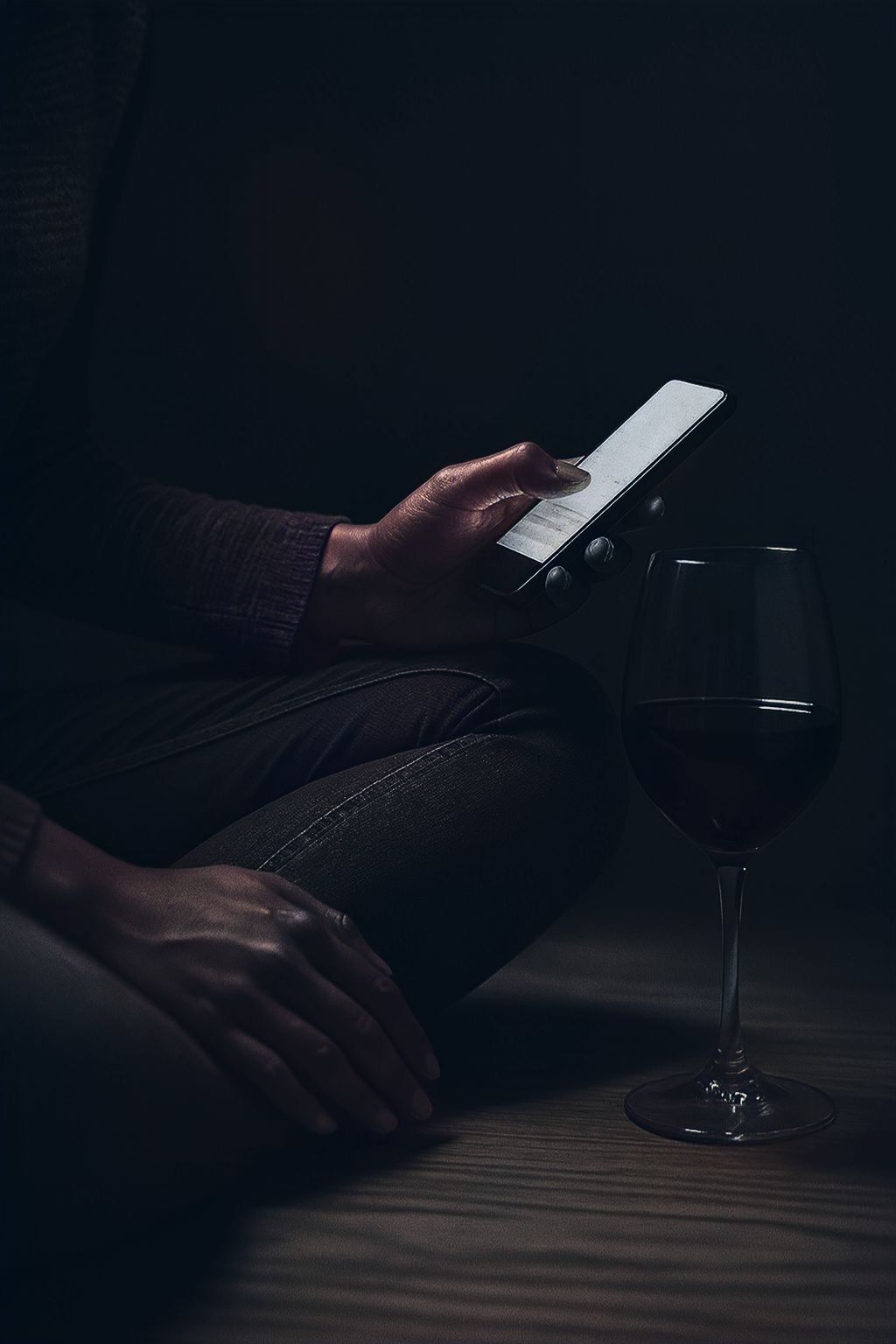 A person ordering alcohol on a smartphone at night, with a glass of wine beside them.