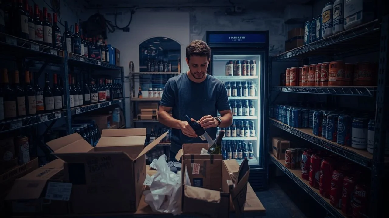 Alcohol delivery orders being packed in a warehouse at night for fast local delivery.