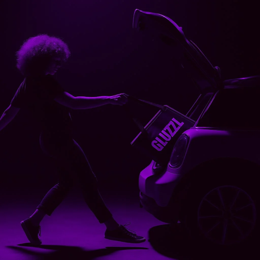 Silhouette of a woman with curly hair loading a shopping basket into the trunk of a car, illuminated by purple light.