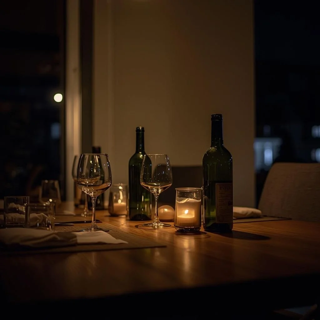 A half-empty fridge late at night, showing only a few drinks left as the evening winds on.